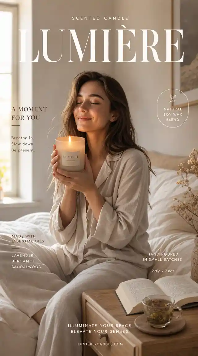 Woman holding scented candle in serene bedroom corner