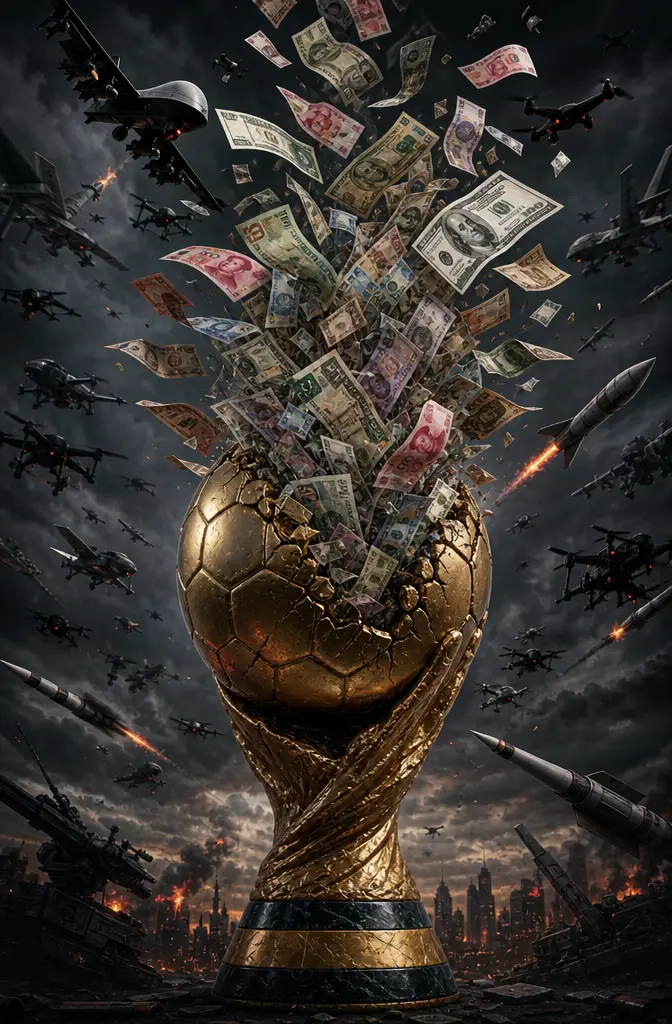 Bola da Copa do Mundo liberando cédulas globais e armas