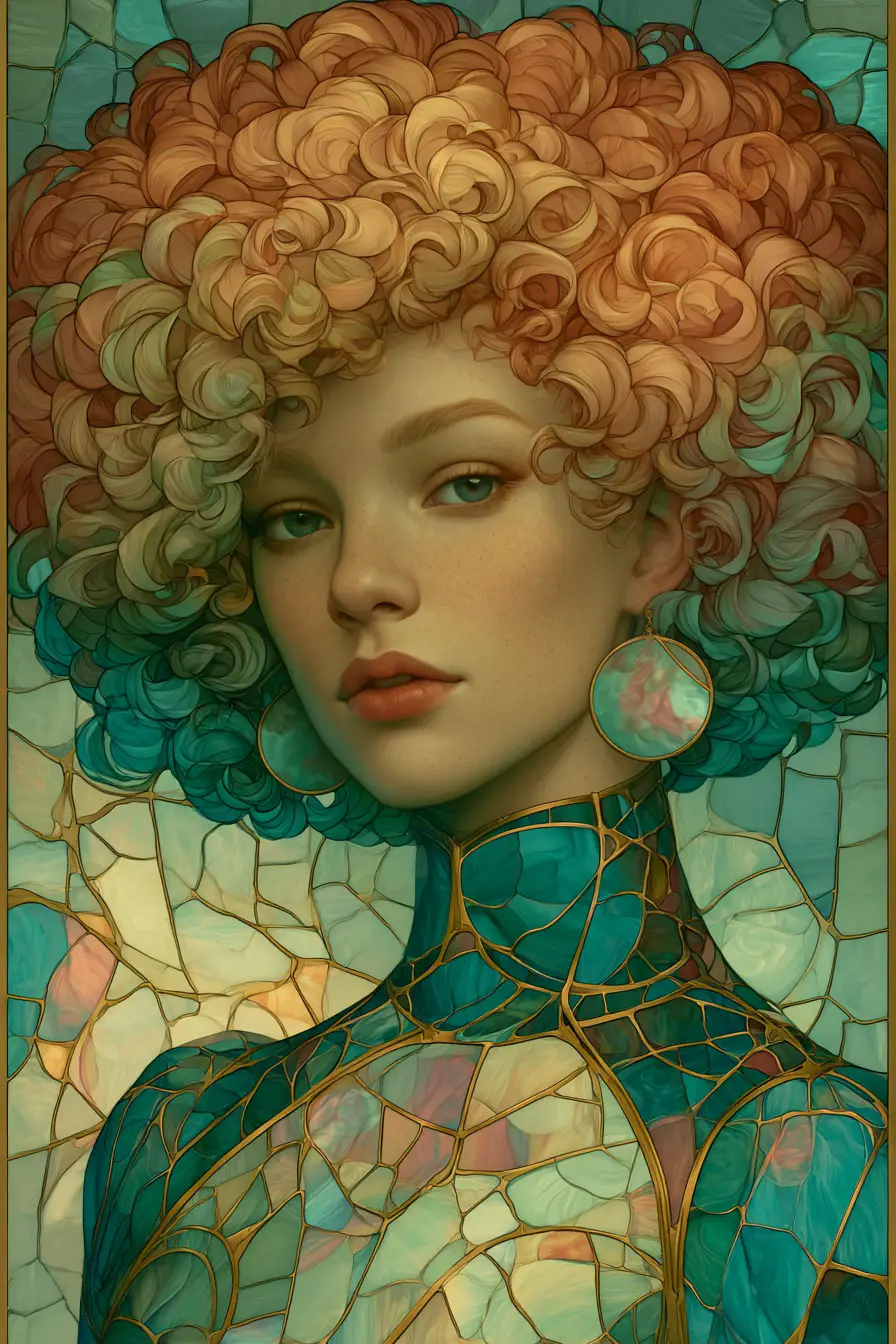Stained glass portrait of a mysterious woman on gray background