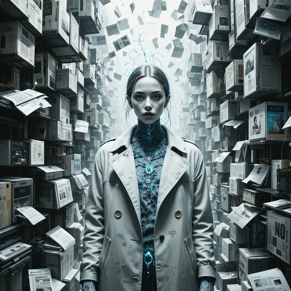 Surreal glitch woman in fractured neon data storm