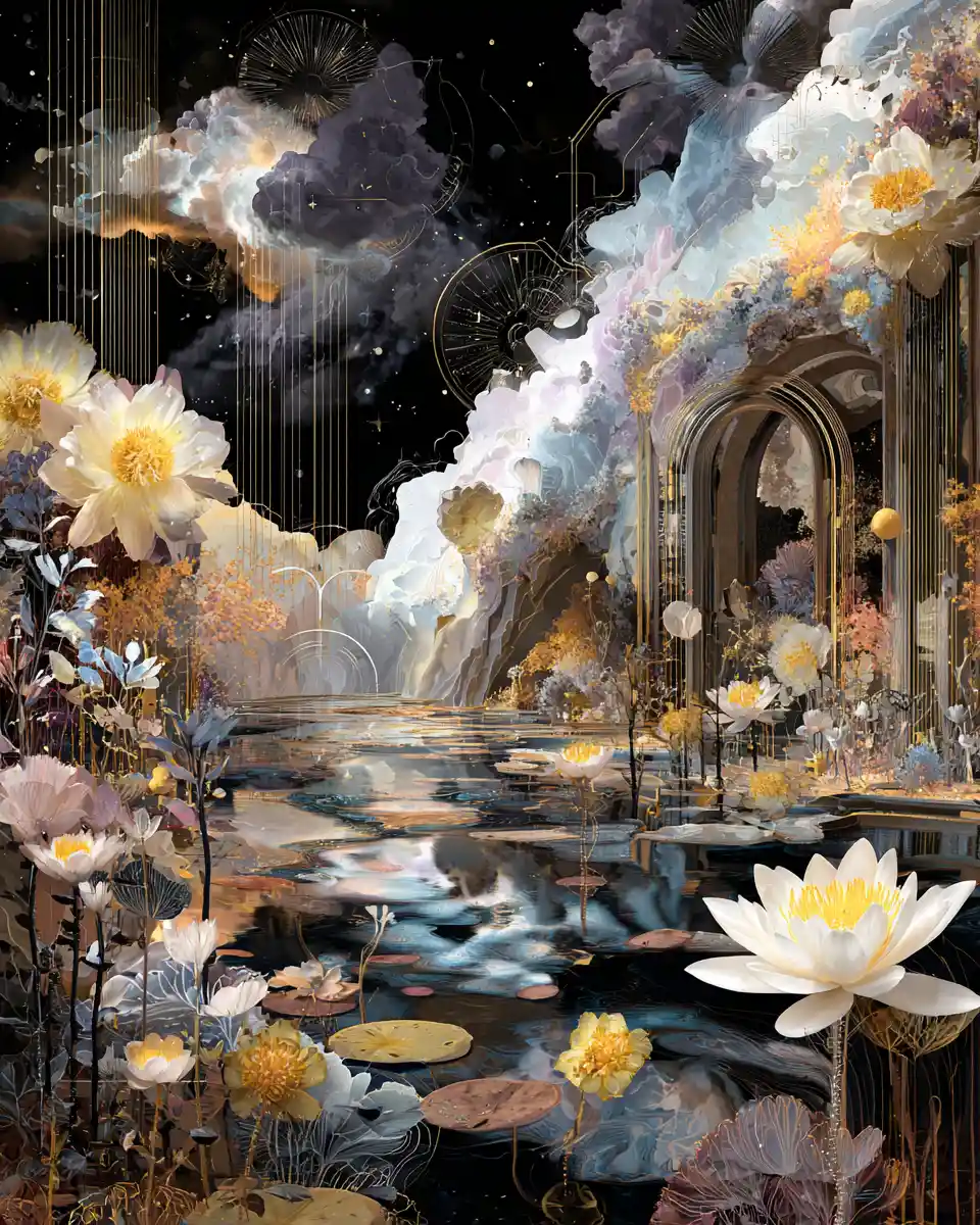 Surreal dreamscape blending nature forms with musical elements