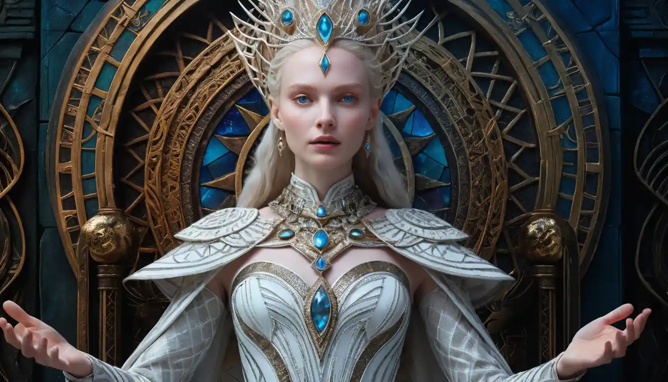 Mystical ancient queen in a vibrant magical realm