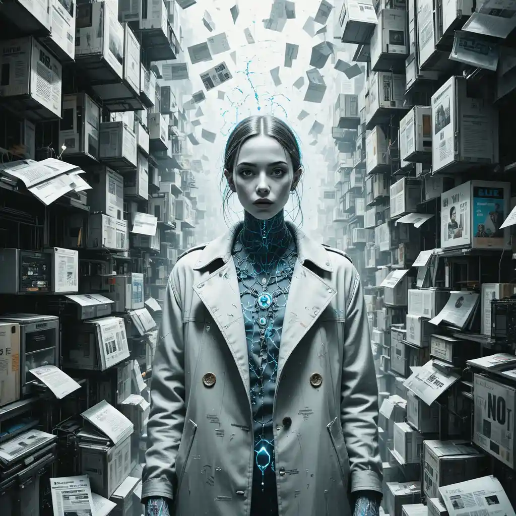 Surreal glitch woman in fractured neon data storm