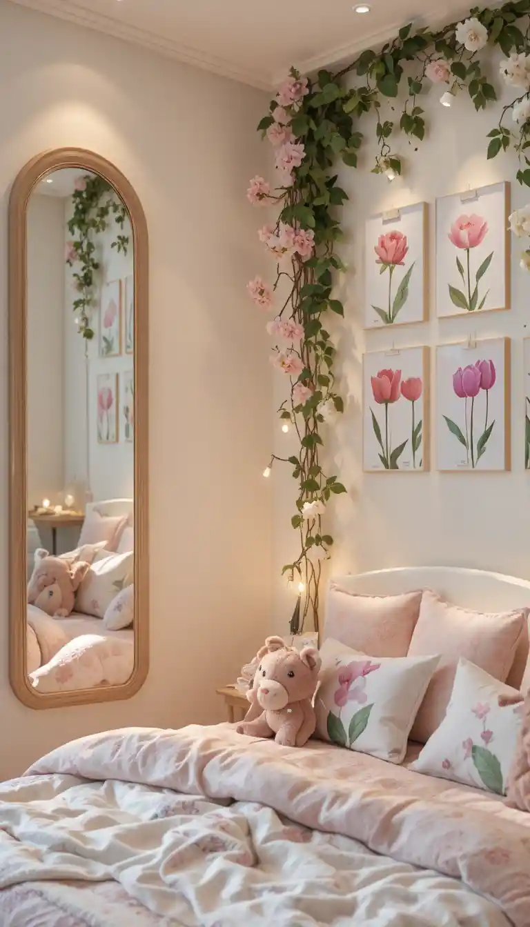 Cozy girls bedroom with light bed and floral wall art