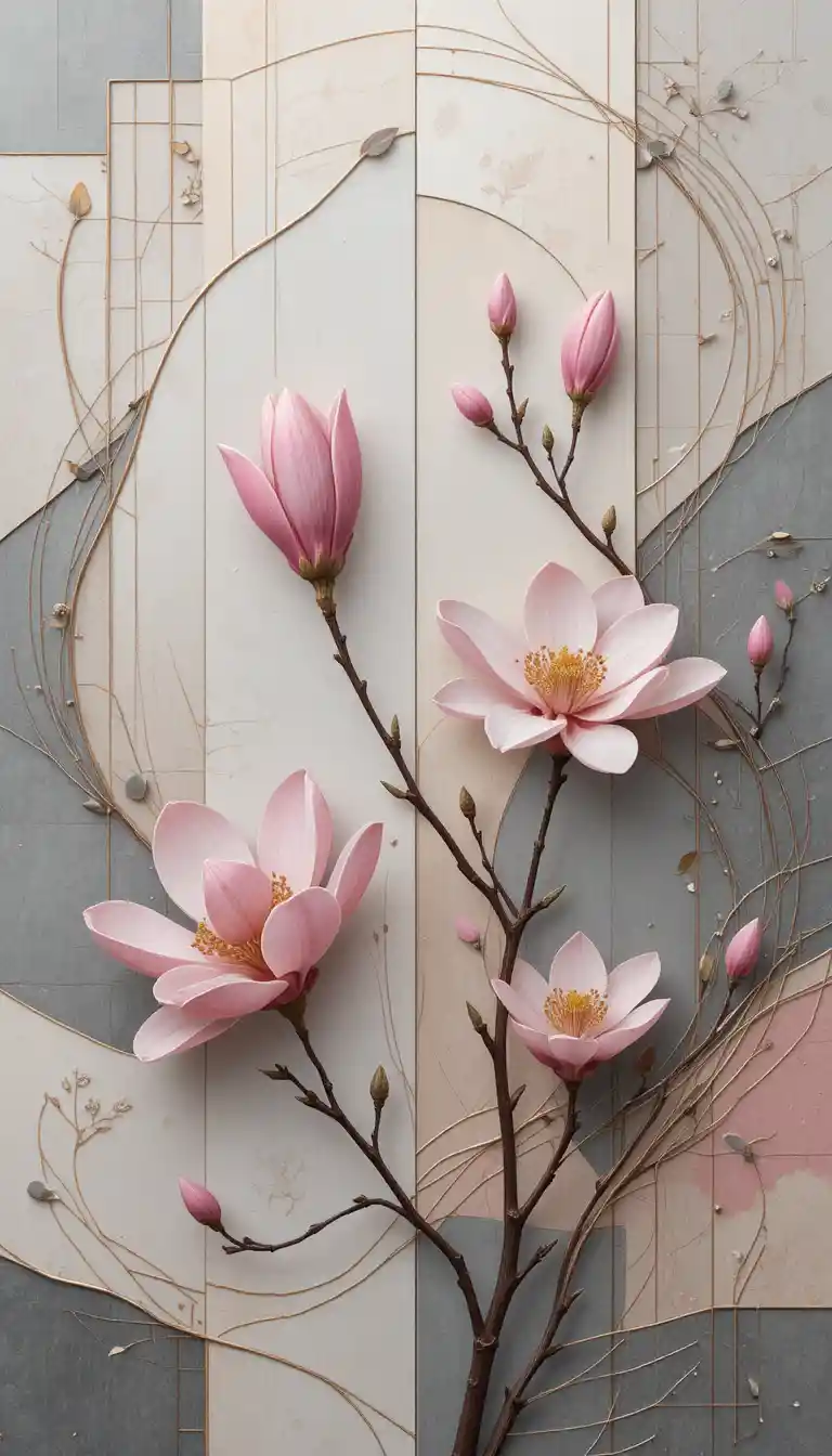 Soft abstract panel with pink magnolia floral motifs