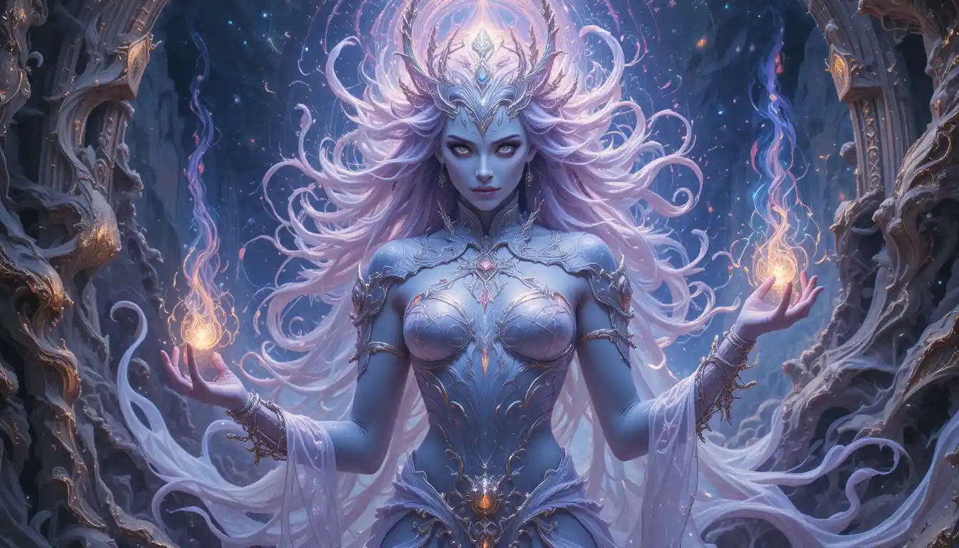 Mystical ancient queen in a vibrant magical fantasy realm