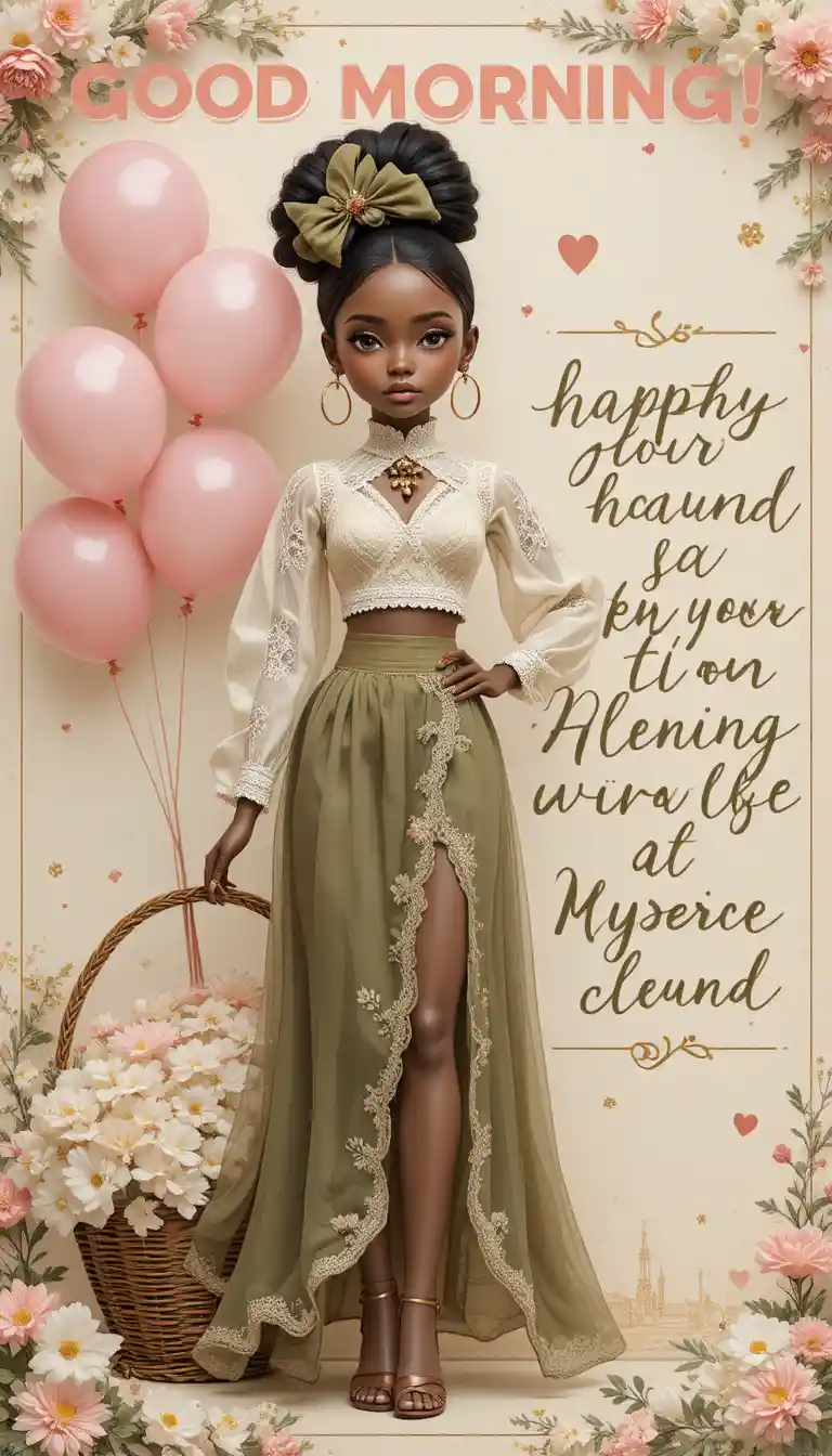 Whimsical doll girl greeting card with floral details