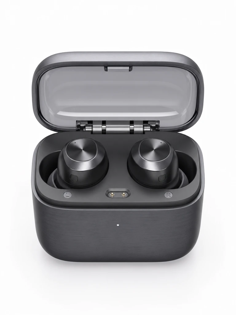 Wireless earbuds case on pure white seamless background