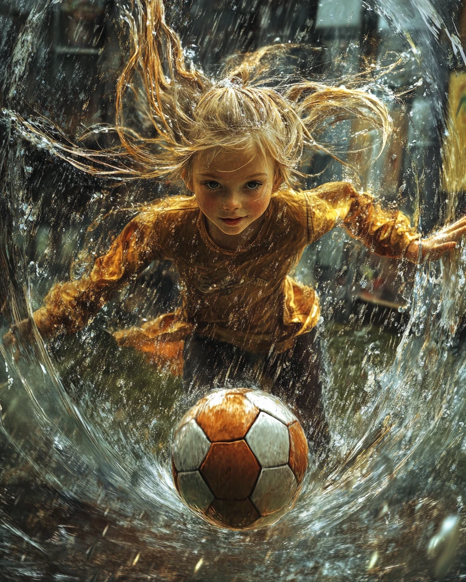 Cute girl playing football in a rainy fantasy illustration