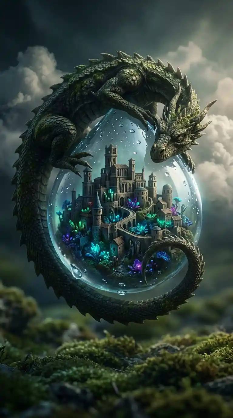 Ancient dragon guarding a tiny city on a raindrop