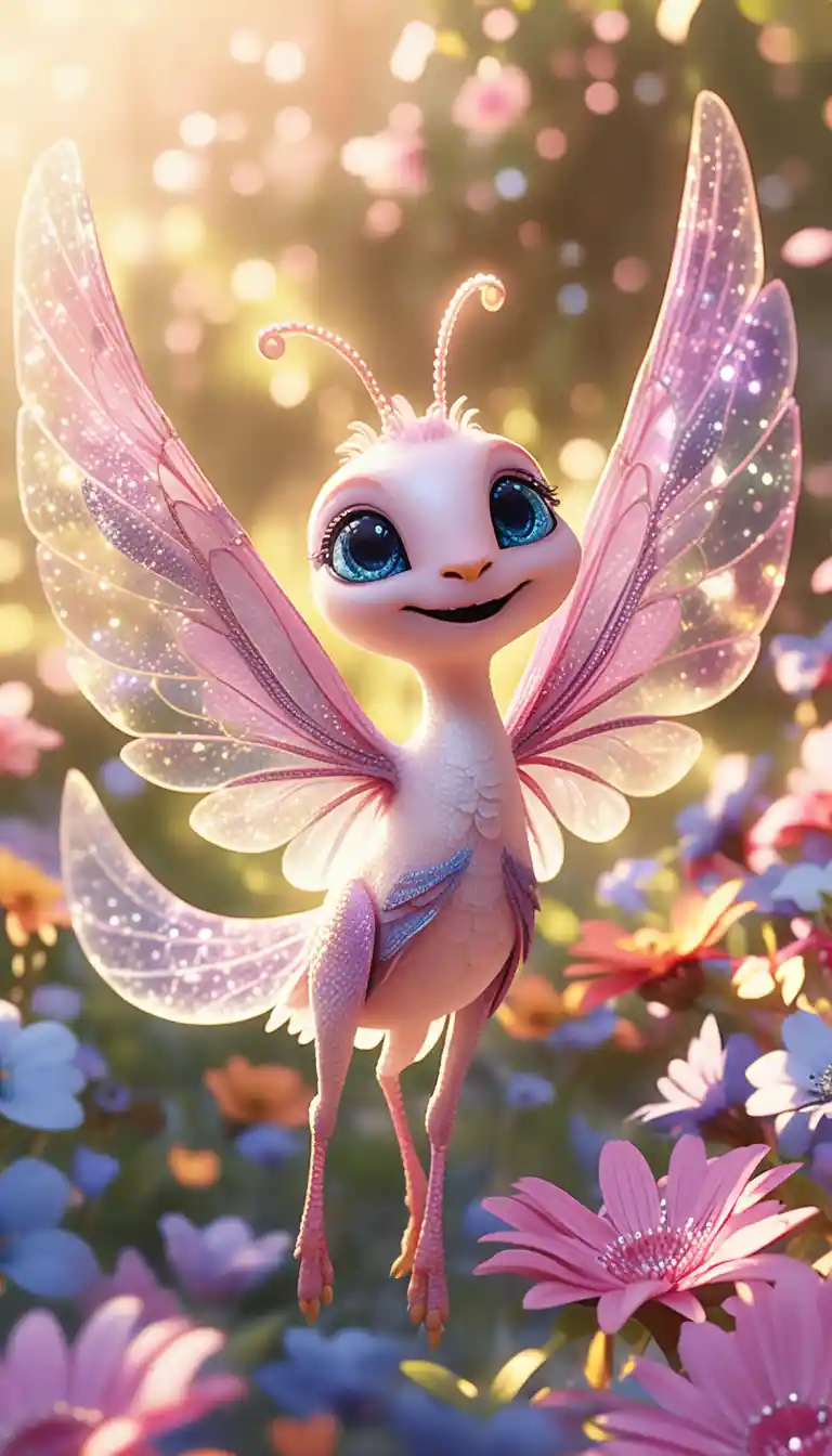 Whimsical winged creature in a sunlit flower garden