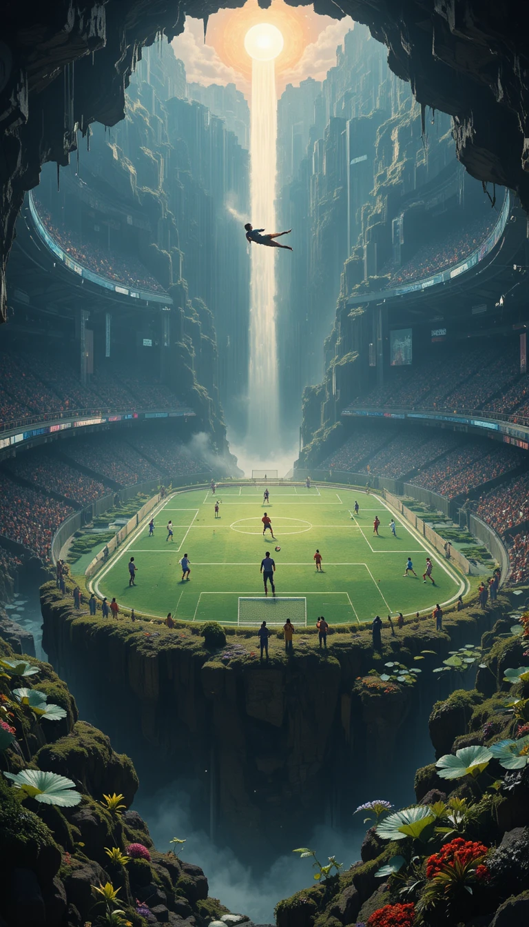 Epic soccer match on a floating field between waterfalls