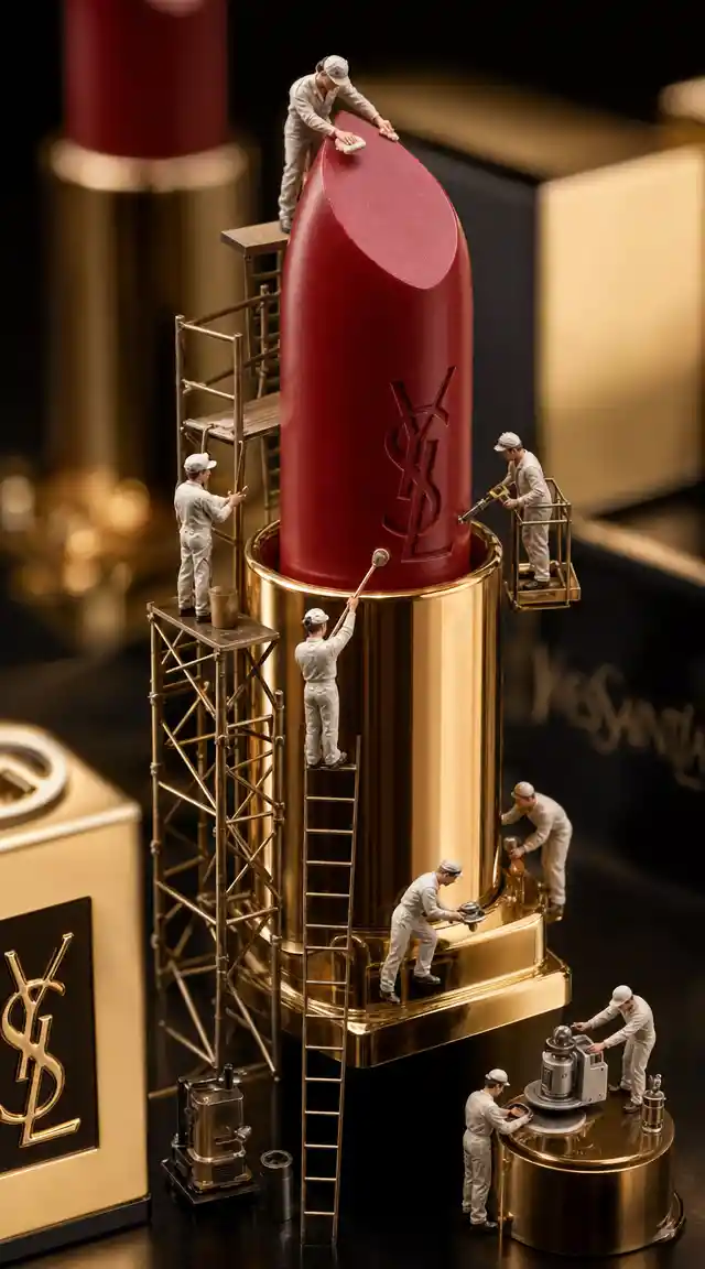 Macro lipstick as a tiny makeup factory with workers