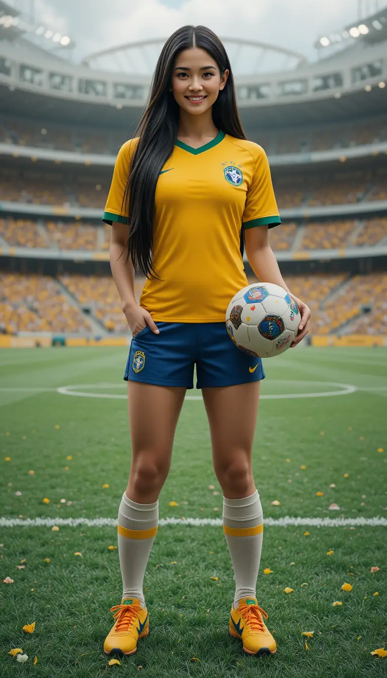 Lächelnde Frau im brasilianischen Fußballtrikot mit WM-Ball