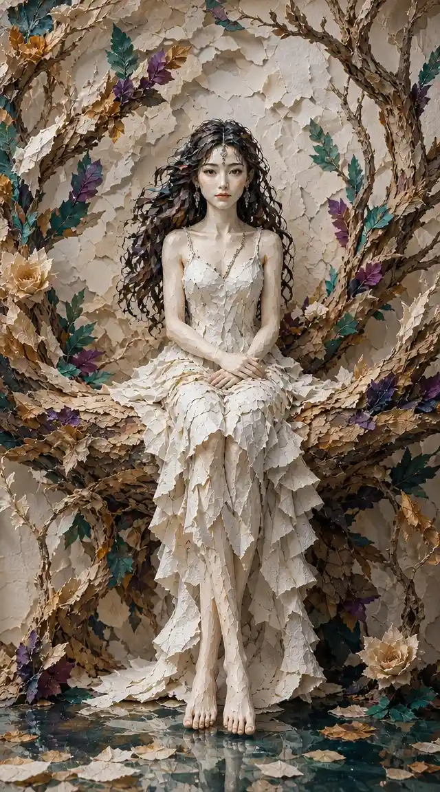 Porcelain woman statue on a giant papier mache tree branch