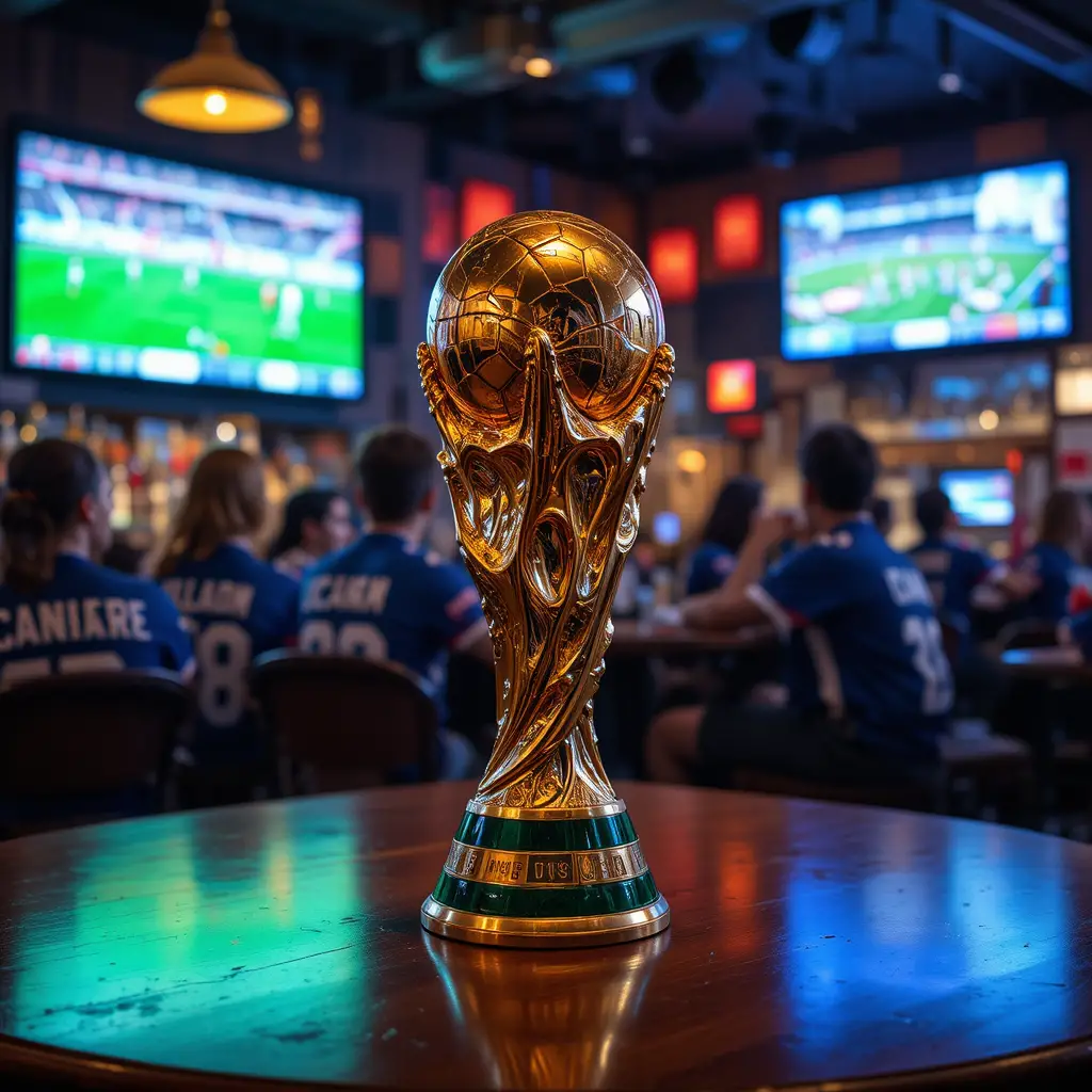 World Cup trophy on bar table with fans watching match
