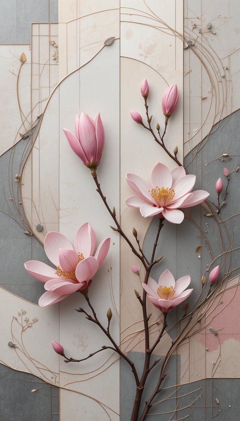 Soft abstract panel with pink magnolia floral motifs