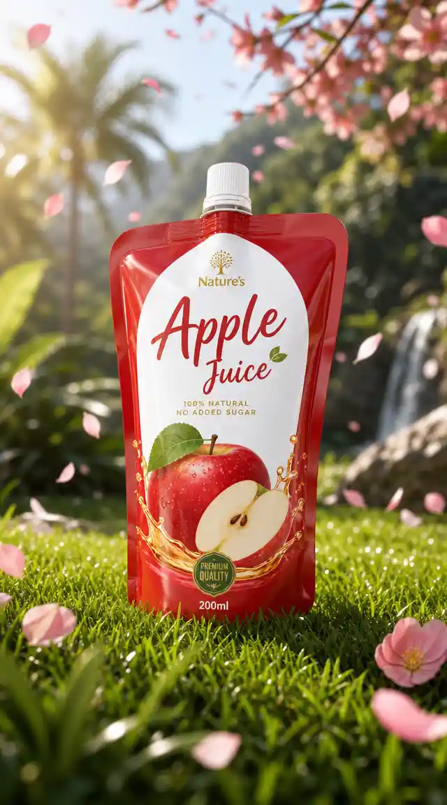 Luxury apple juice pouch in lush tropical rainforest setting