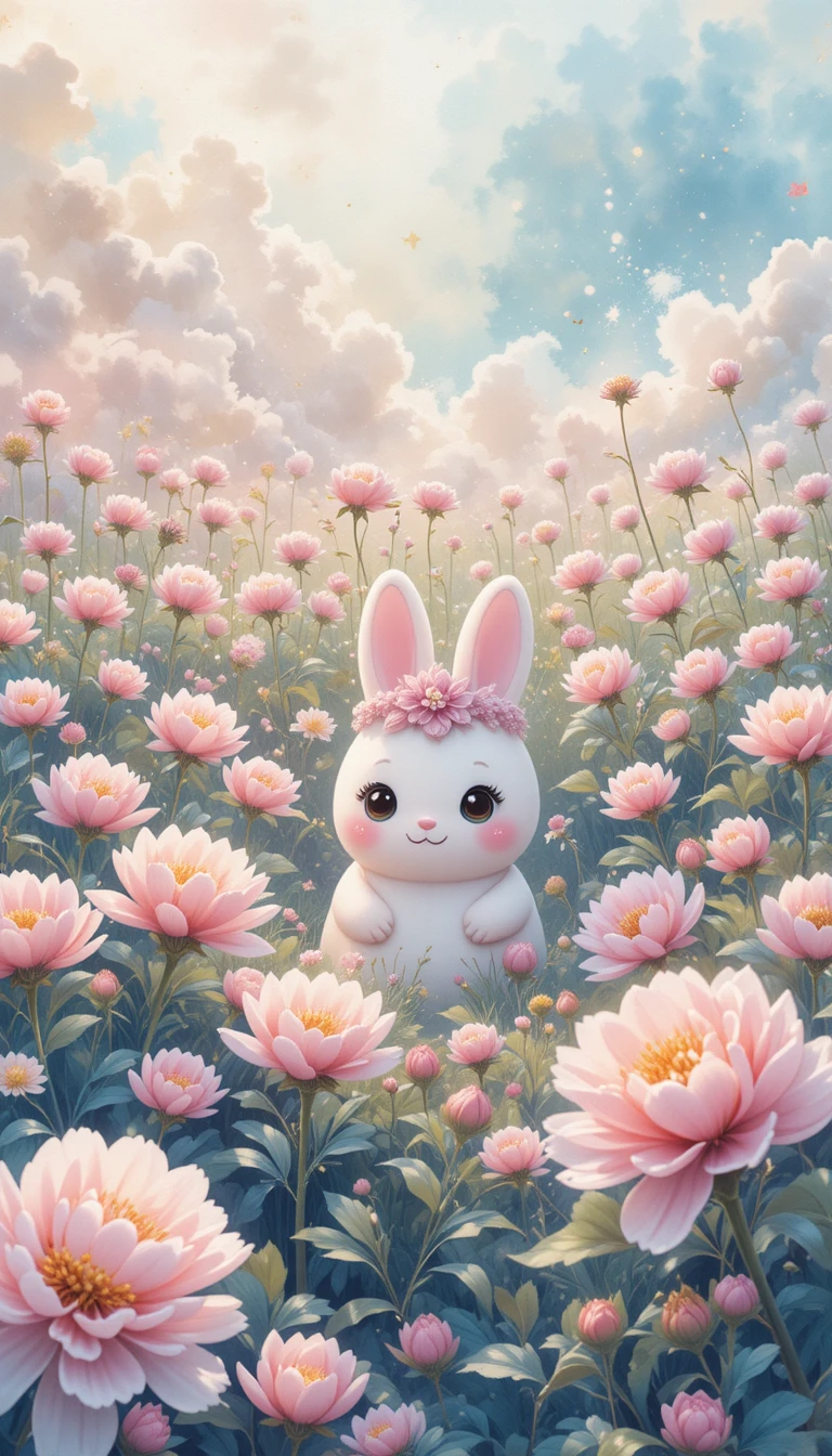 Delicate retro meadow filled with soft blooming peonies