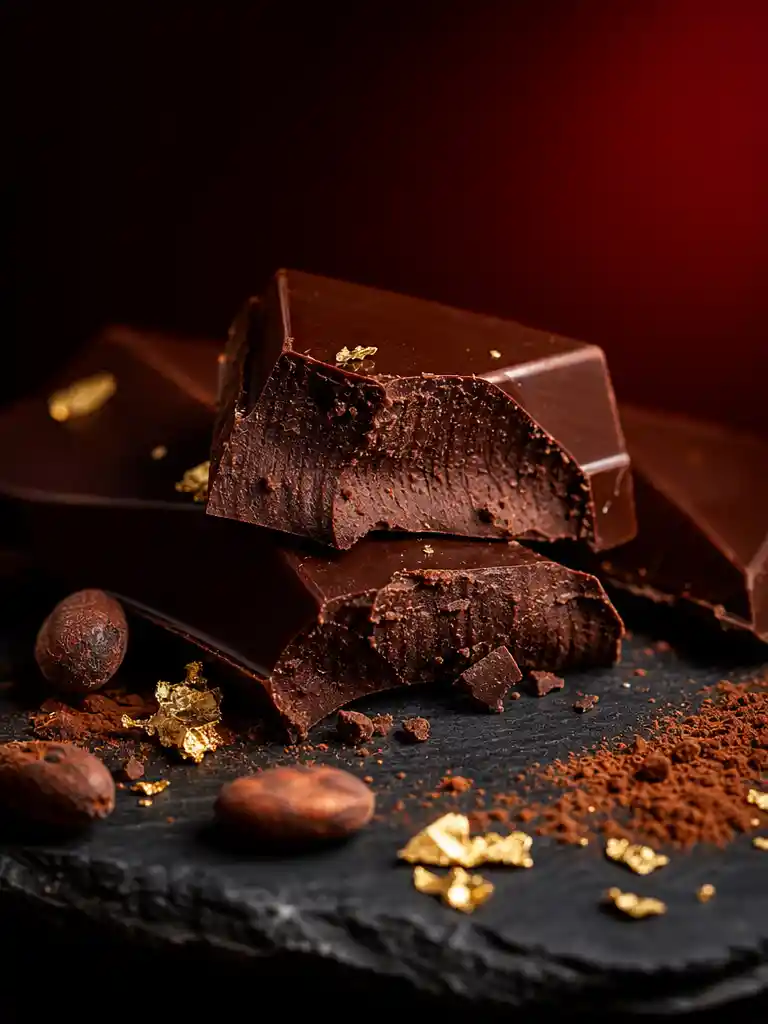 Dark chocolate bar broken open on slate with cocoa