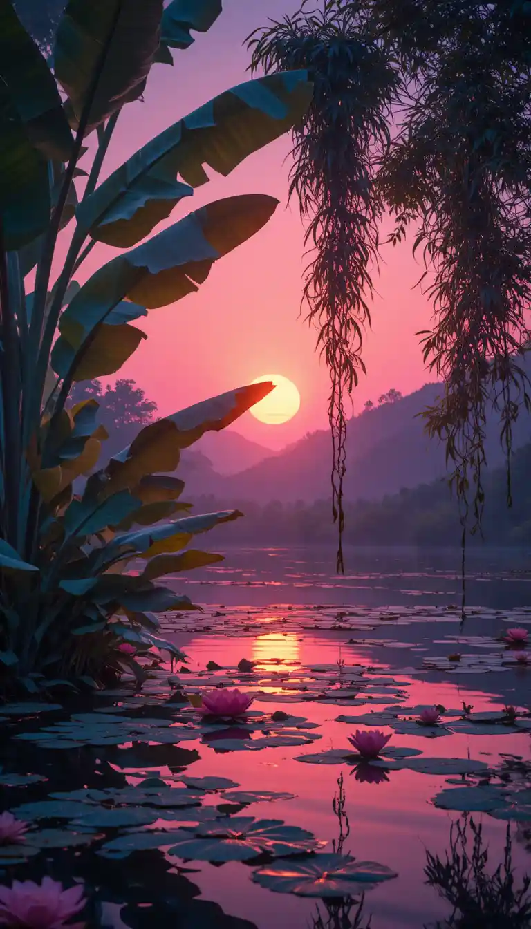 Close up tropical leaves against a soft pink sunrise sky