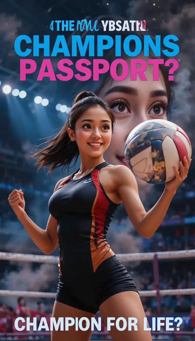 Female volleyball champion serving in dynamic stadium scene