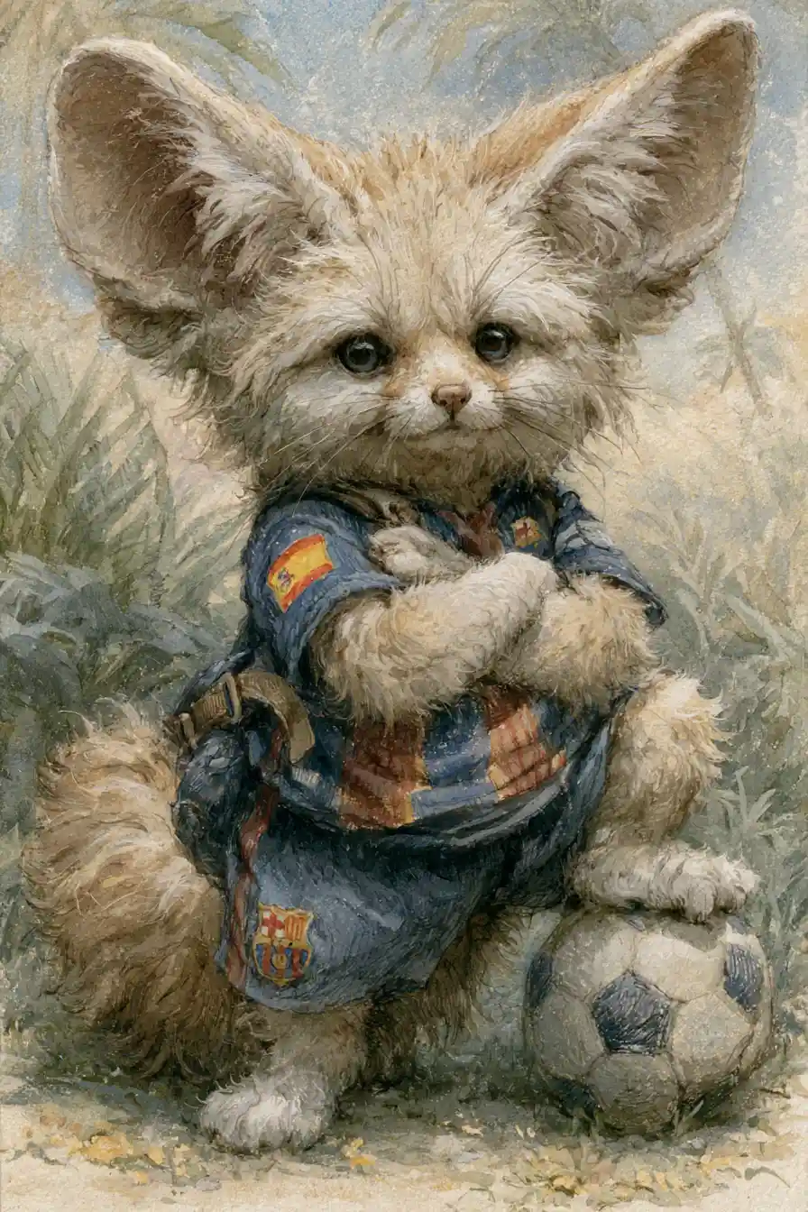 Plump fennec fox in soccer uniform on a sunny field