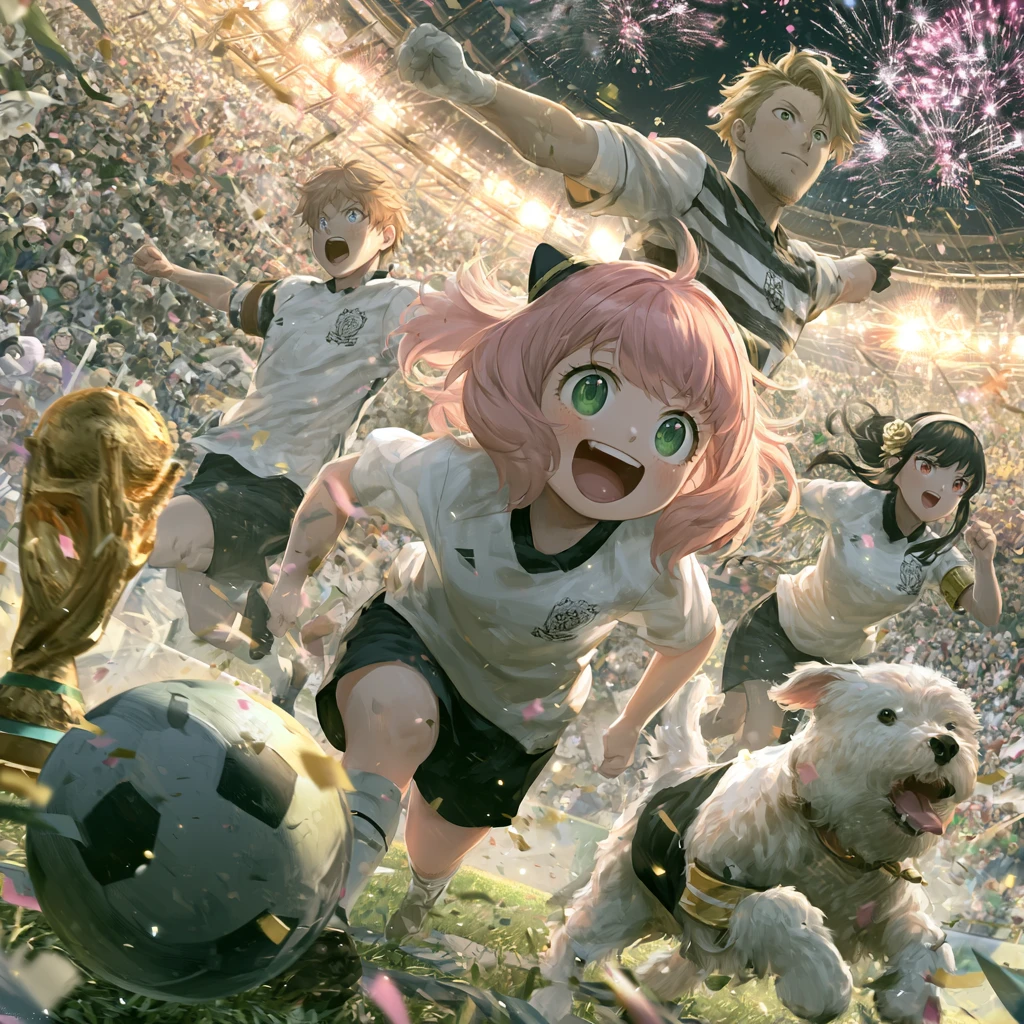 Anime family playing soccer in a crowded stadium