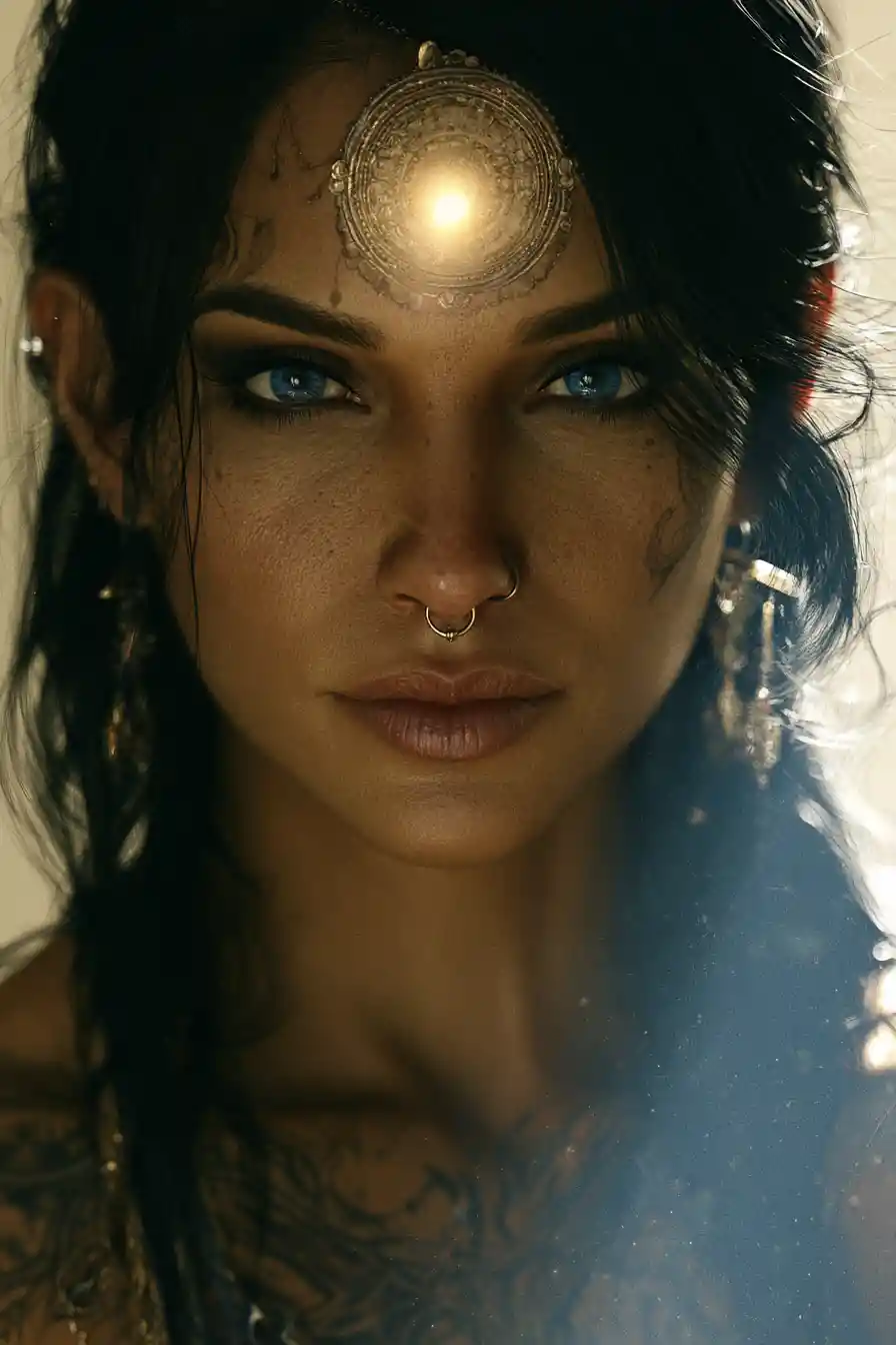 Mystical Middle Eastern woman with glowing golden forehead jewelry