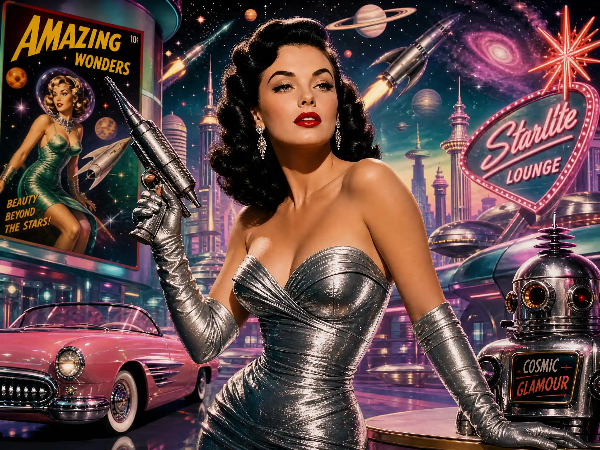 Glamorous 1950s woman in neon retro futuristic dreamscape