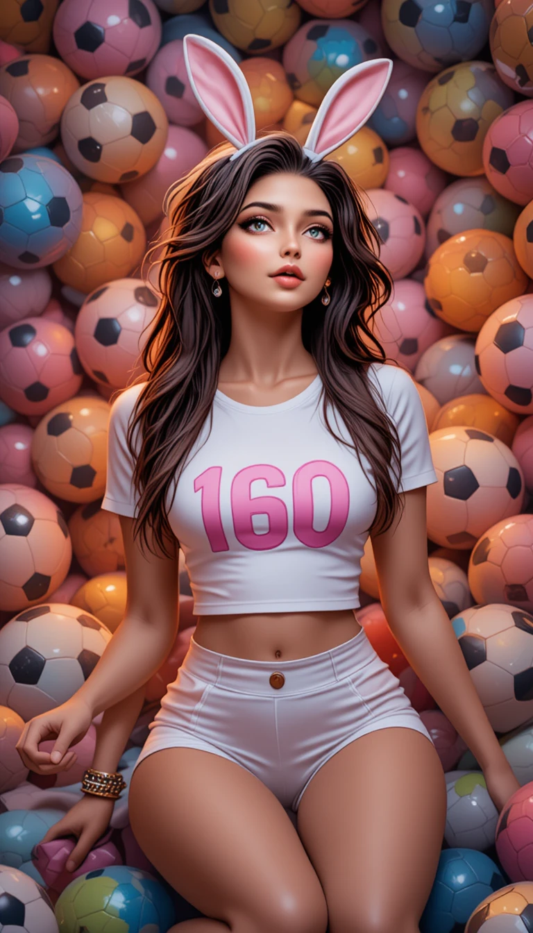 Smiling girl in sportswear among colorful soccer balls