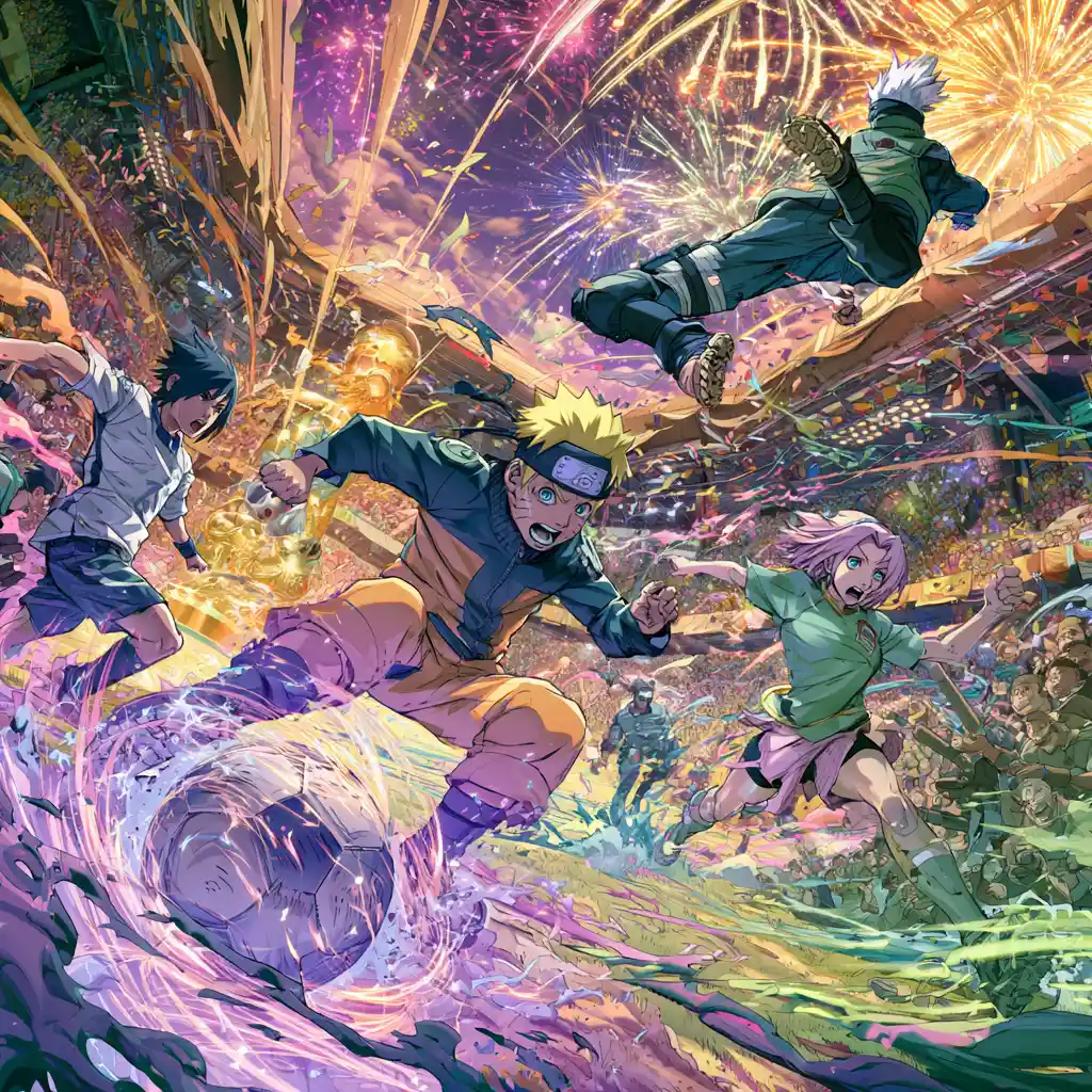 Anime heroes playing soccer in a packed world cup stadium