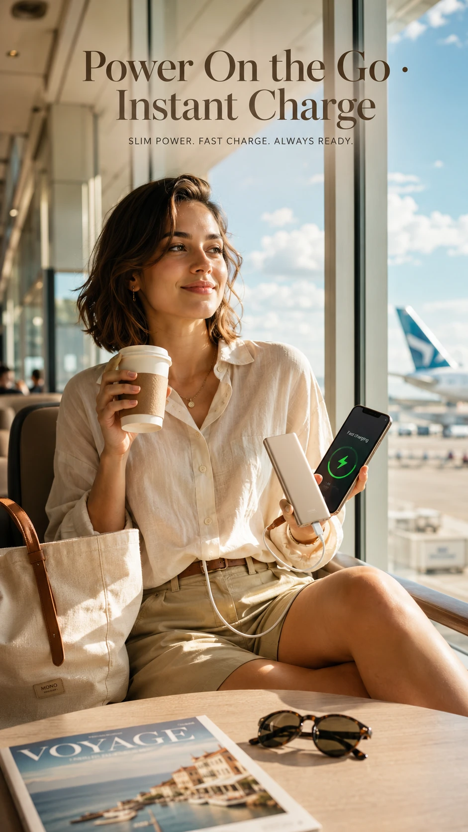 Stylish woman charging phone by sunny airport window