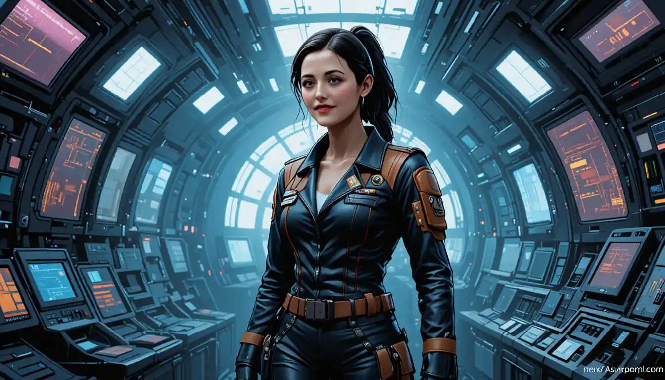 Focused female pilot in a dim futuristic spaceship cockpit