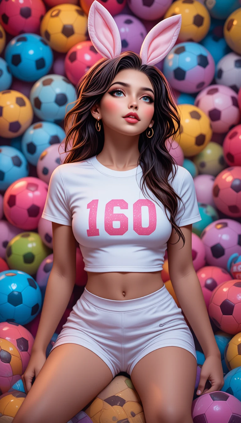 Young woman with bunny ears among colorful soccer balls