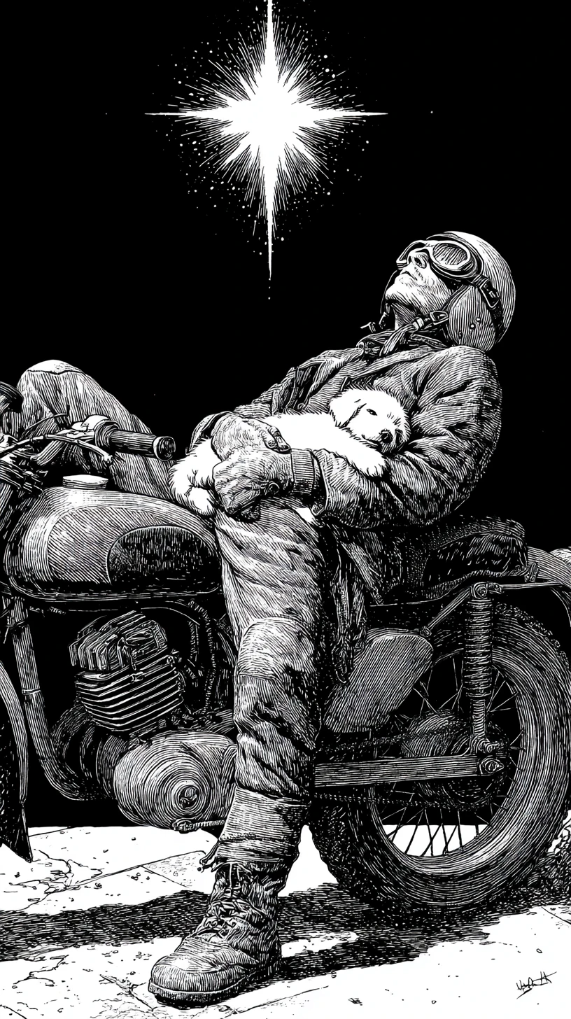 Motociclista cansado durmiendo en moto vintage con cachorro