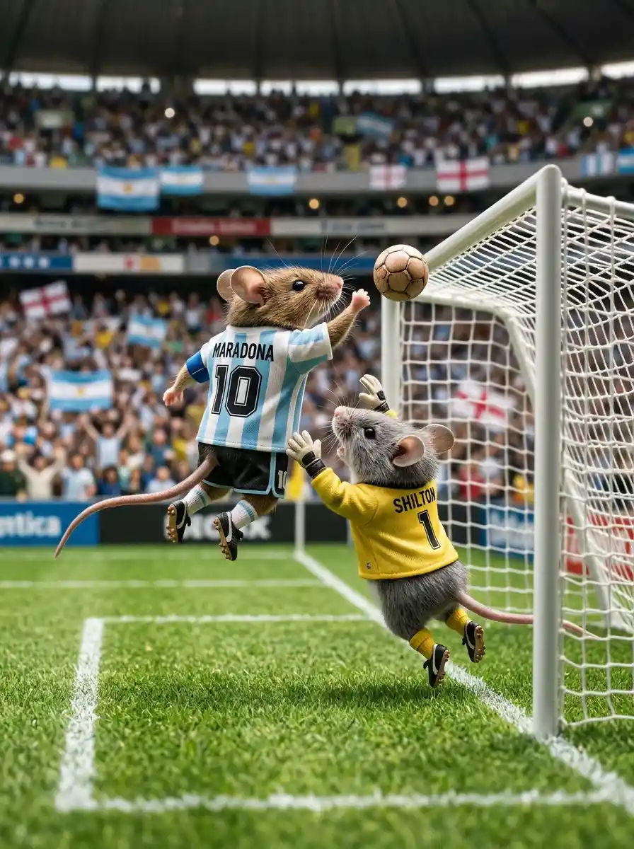 Photorealistic mice reenact the iconic handball soccer goal