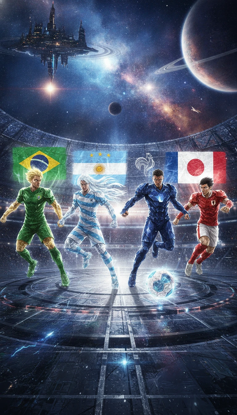 Crystal anime soccer warriors in a futuristic space arena