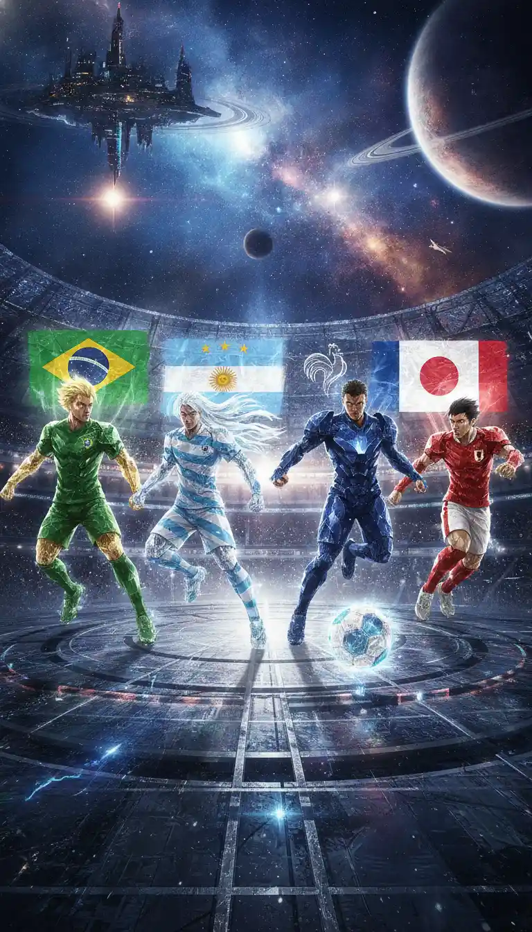 Crystal anime soccer warriors in a futuristic space arena