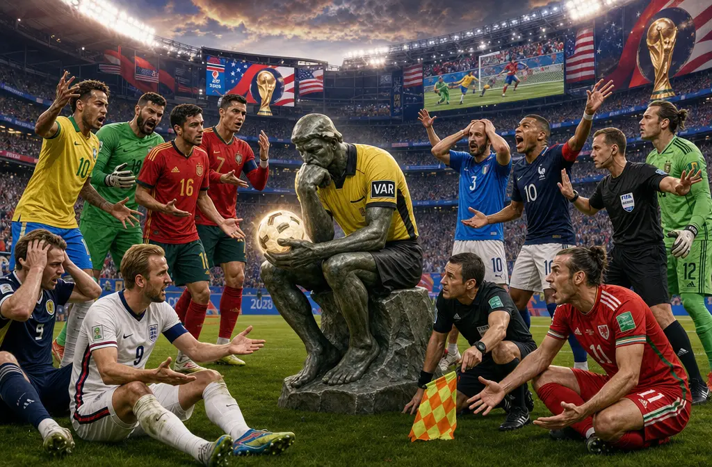 Rodin thinker as var referee on crowded soccer field
