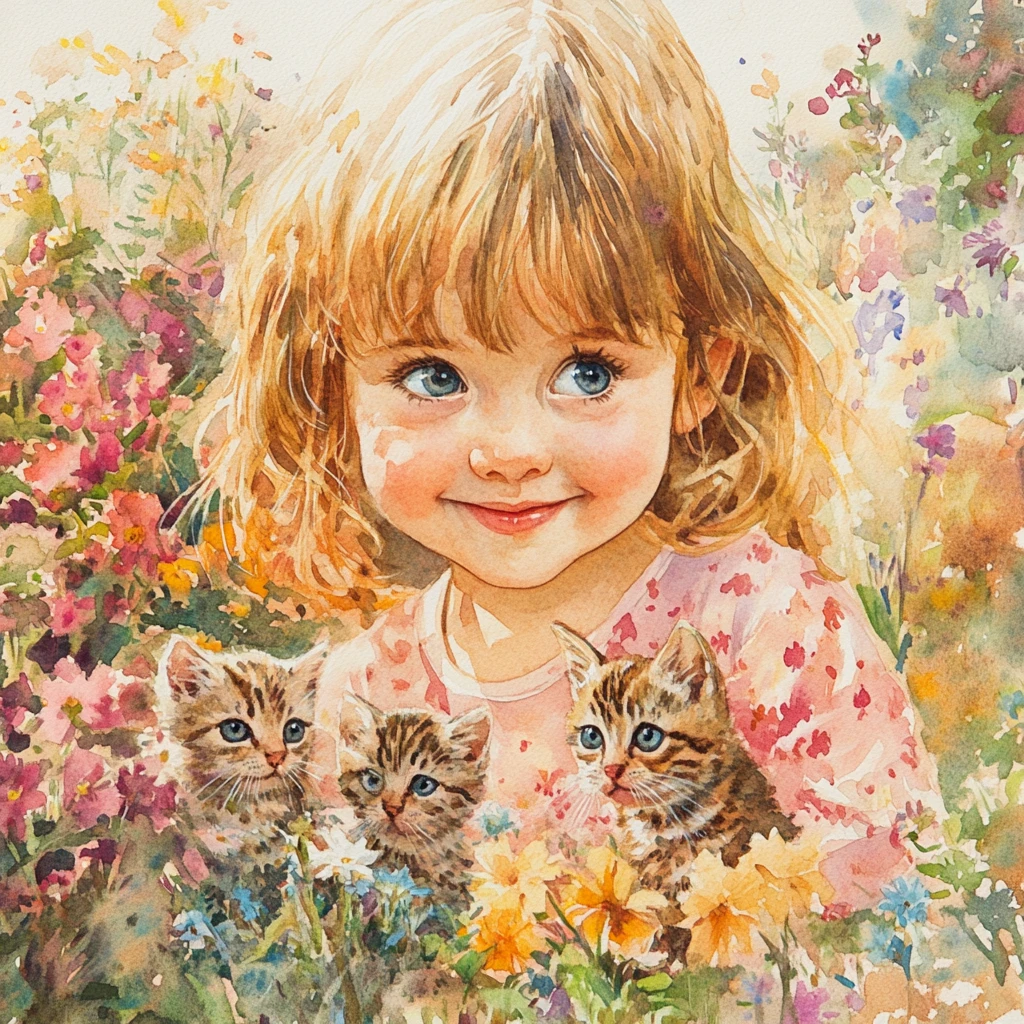 Chica acuarela en un jardín de flores con gatitos