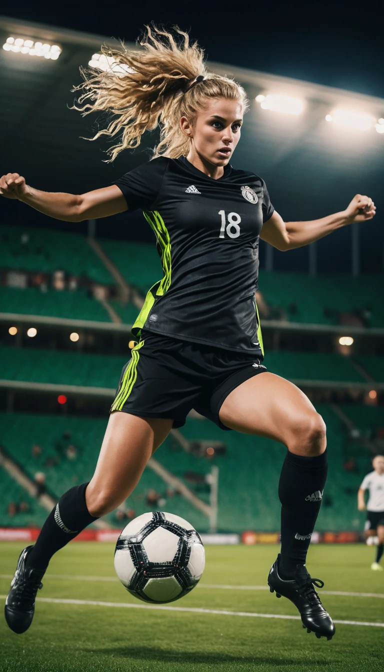 Female soccer player kicking mid air in night stadium