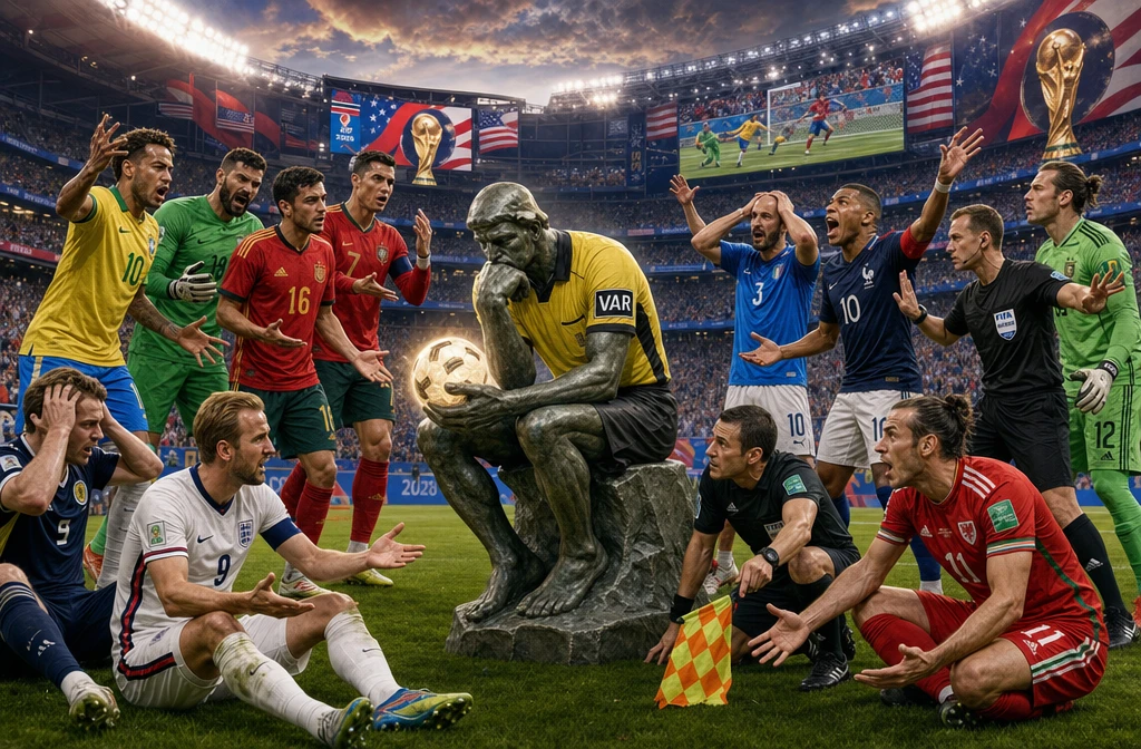 Rodin thinker as var referee on crowded soccer field