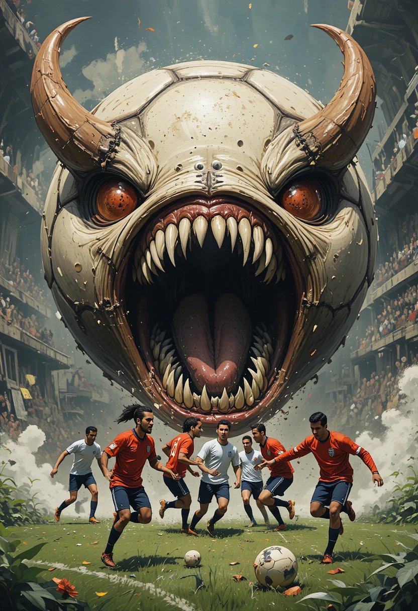 Demonic soccer ball monster chasing terrified soccer players