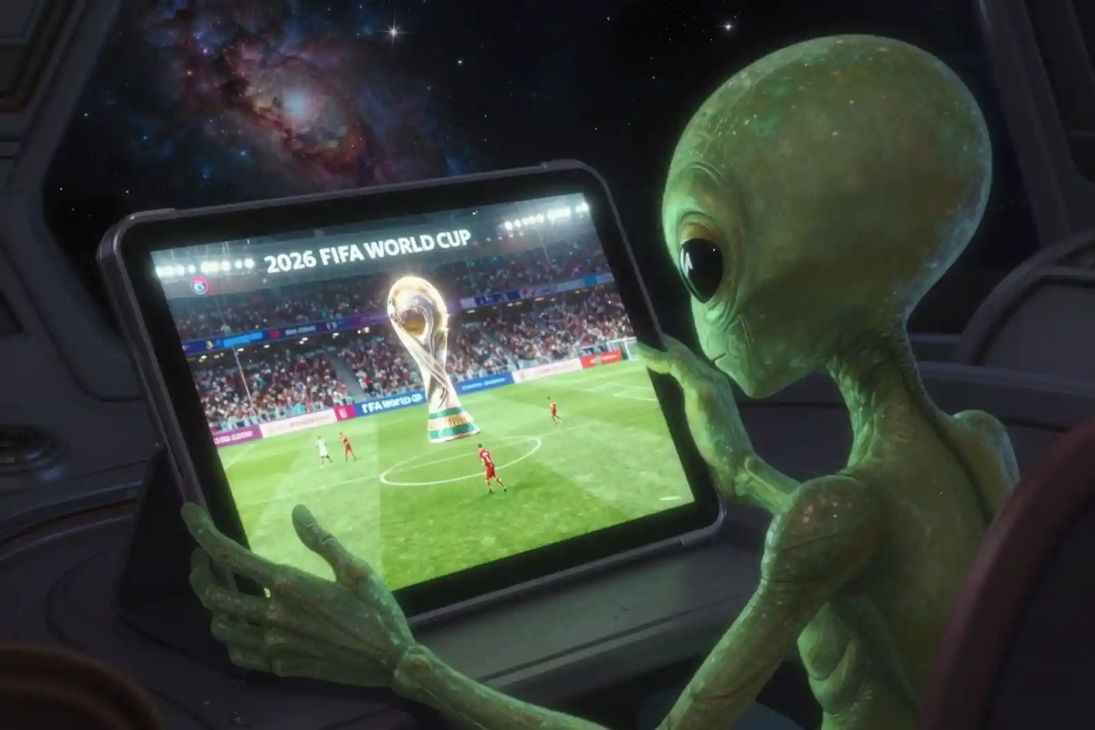 Alien watching world cup on glowing tablet in spaceship