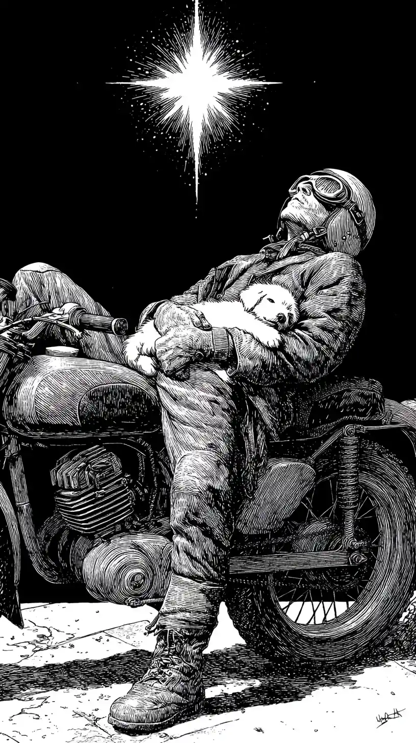 Biker stanco che dorme su moto d’epoca con cucciolo