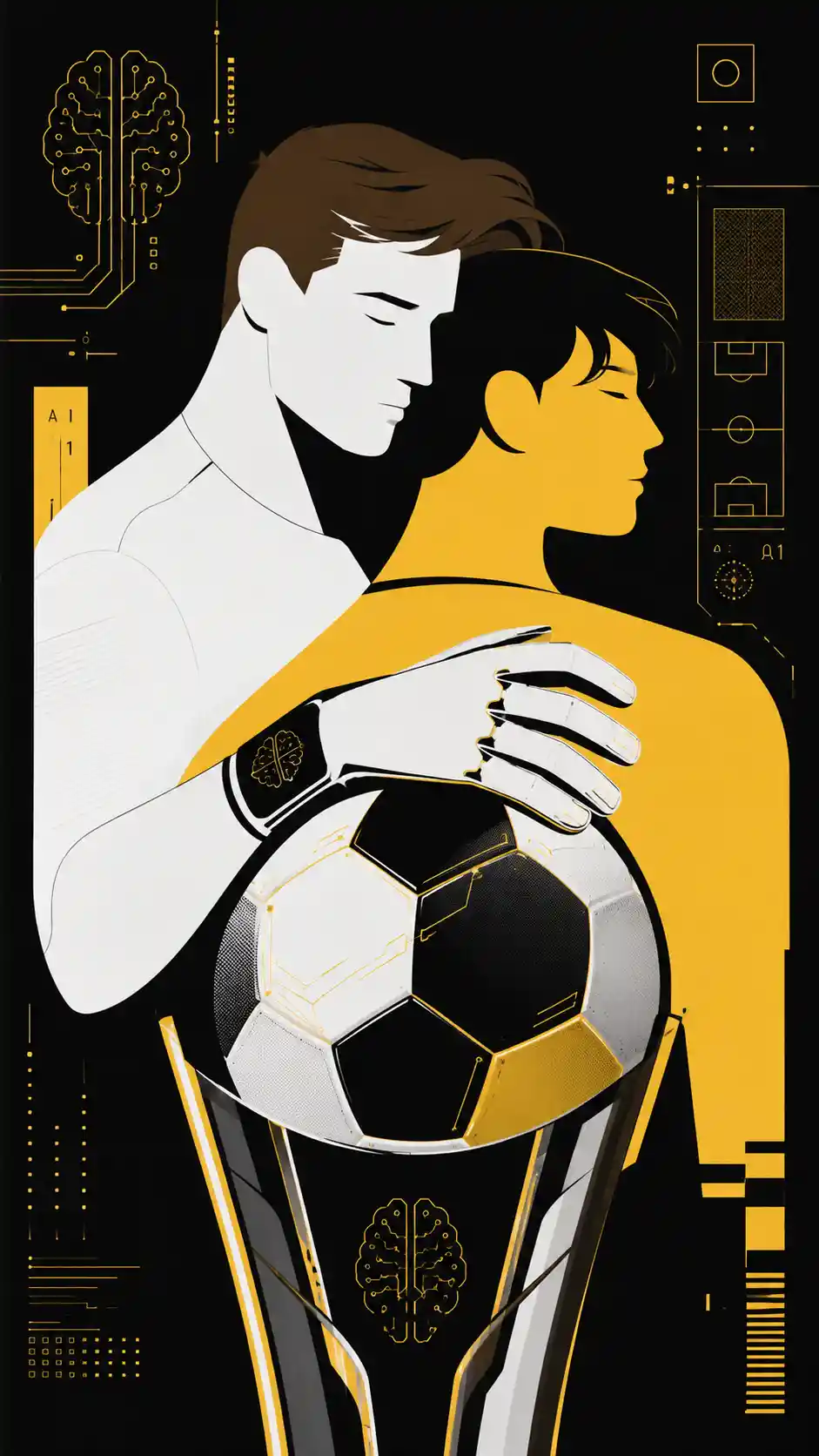 Futuristic soccer poster with embracing minimalist player figures