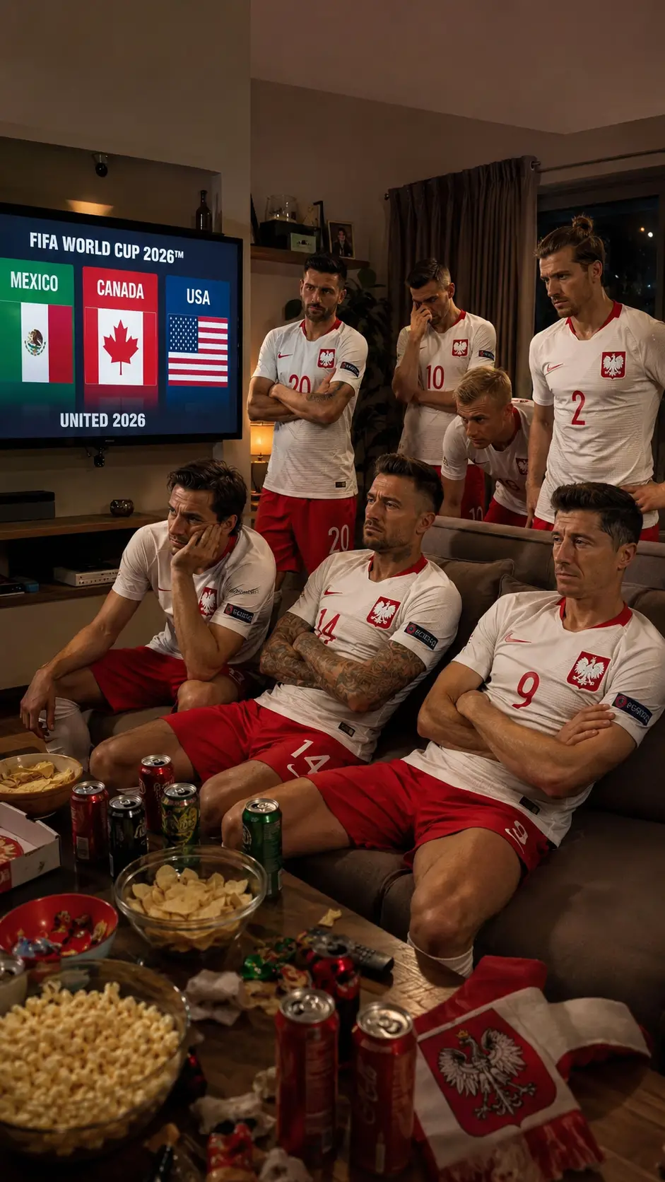 Football players watching world cup on a living room couch