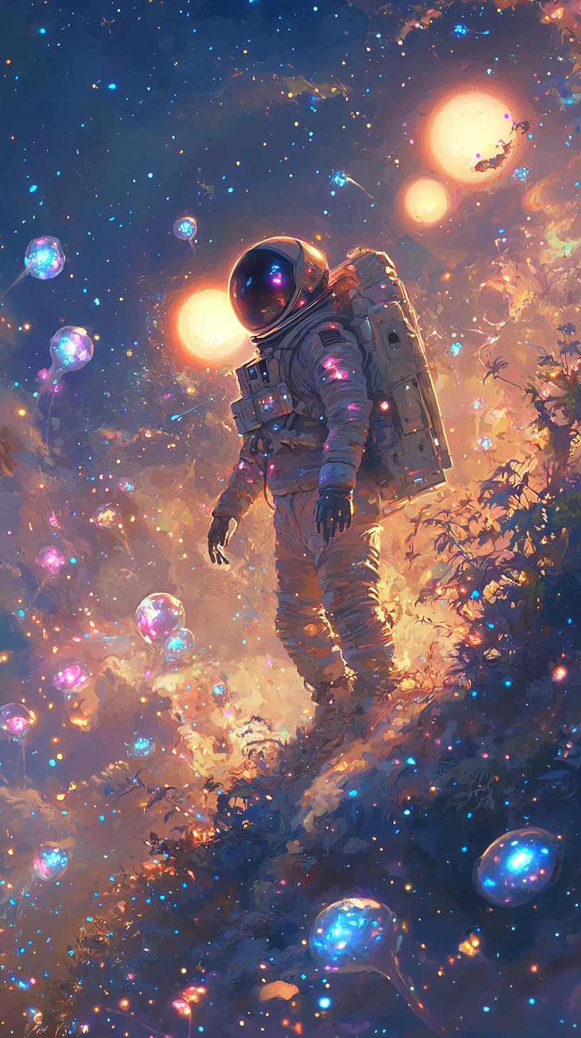 Astronauta vagando solo en un mundo alienígena bioluminiscente