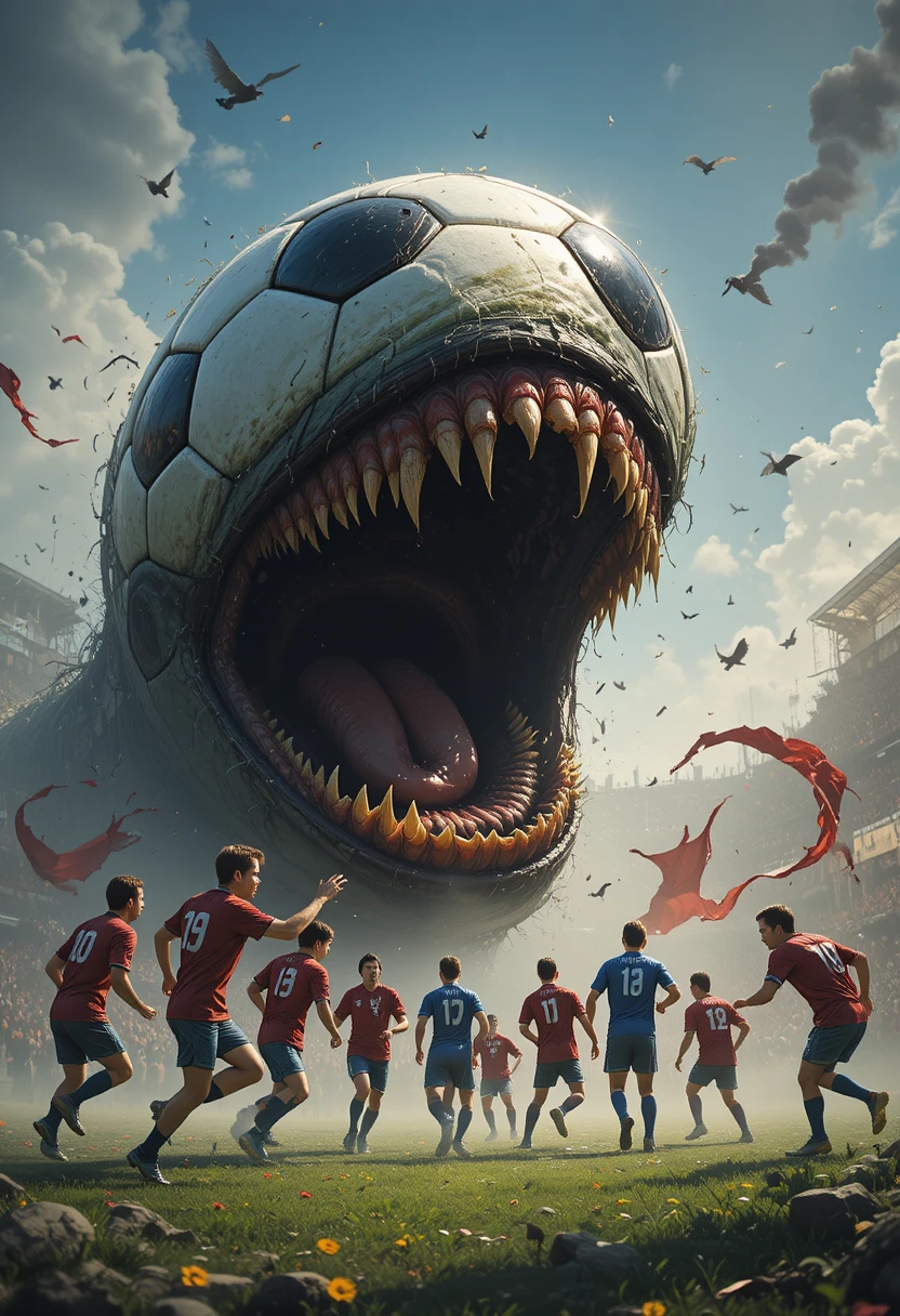 Demonic soccer ball with gaping mouth chasing terrified players